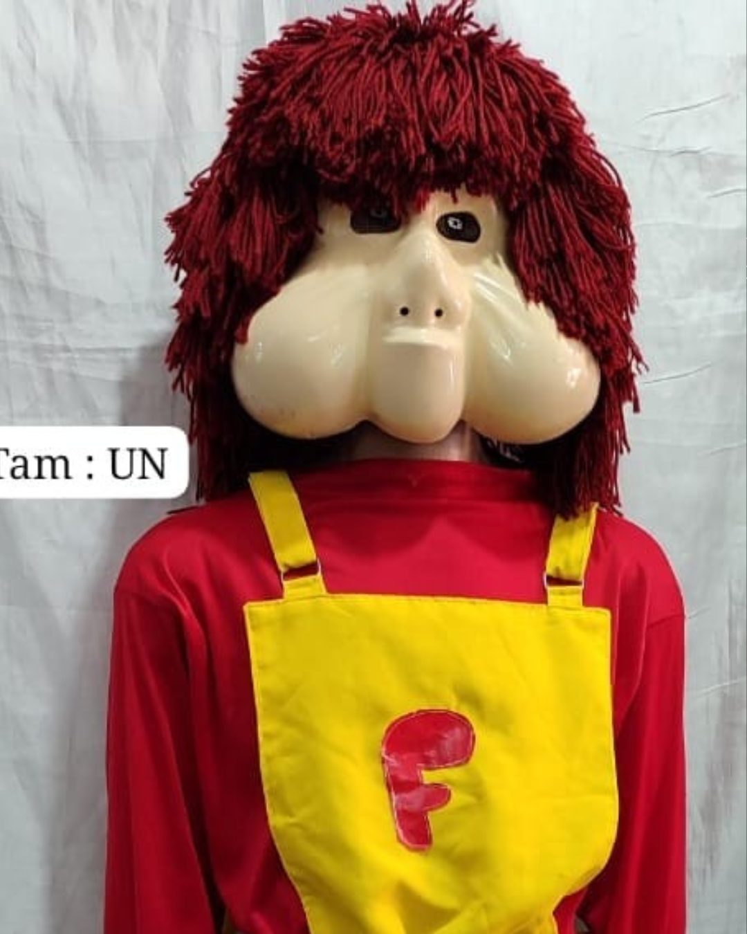Fantasia de mascote com cabelo vermelho de lã, máscara e jardineira amarela