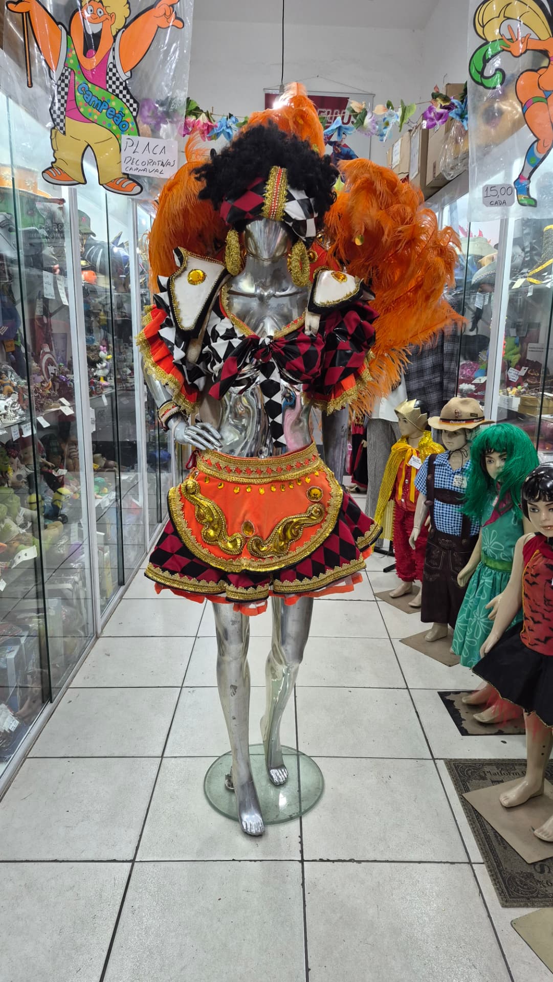 Fantasia de carnaval com corpete dourado de paetês e cocar de plumas coloridas
